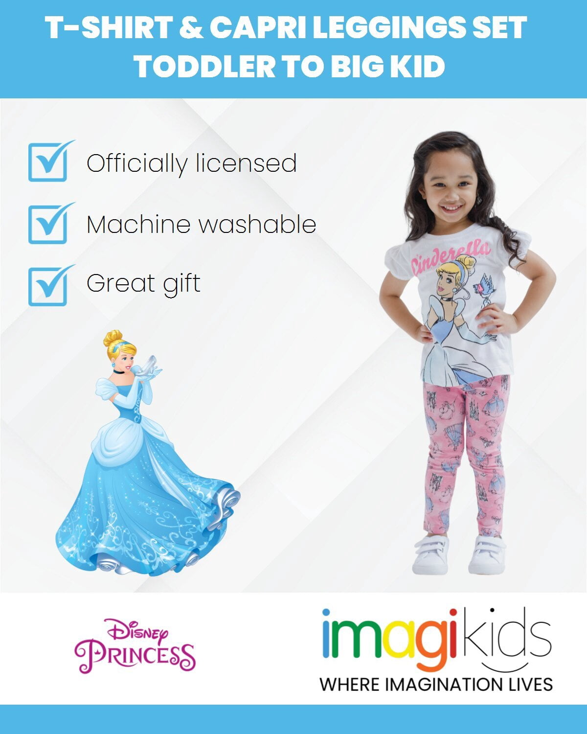 Disney Cinderella Little Girls' 2-Piece Tee and Leggings Set Cinderella White Pink