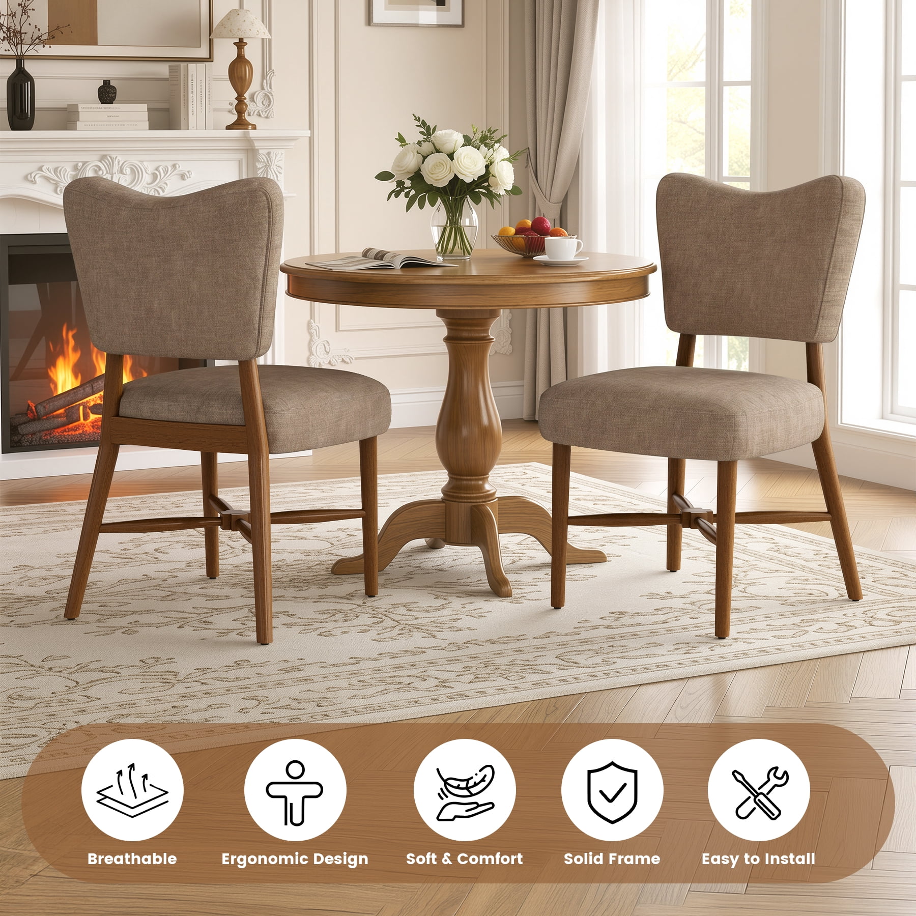 MOONMISS Upholstered Dining Chairs(Set of 2), Modern Farmhouse Accent Chairs with Solid Wood Legs, Fabric Kitchen & Dining Room Chairs,Brown