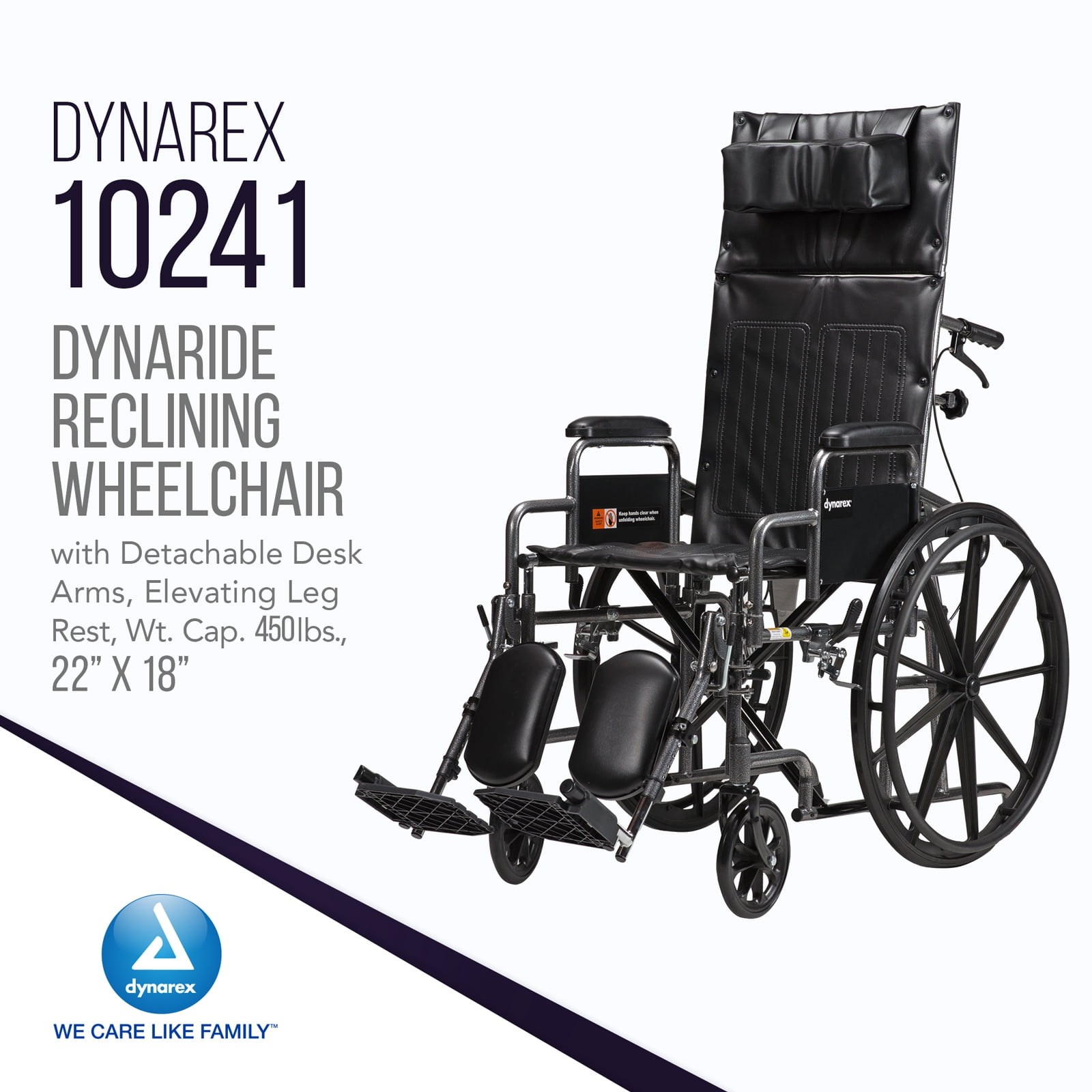 Dynarex DynaRide Reclining Wheelchair - Detachable Desk Arms & Elevating Leg Rests, Weight Capacity 350 lbs., 22" x 18" Seat, Silver Vein Frame - 1 Wheelchair