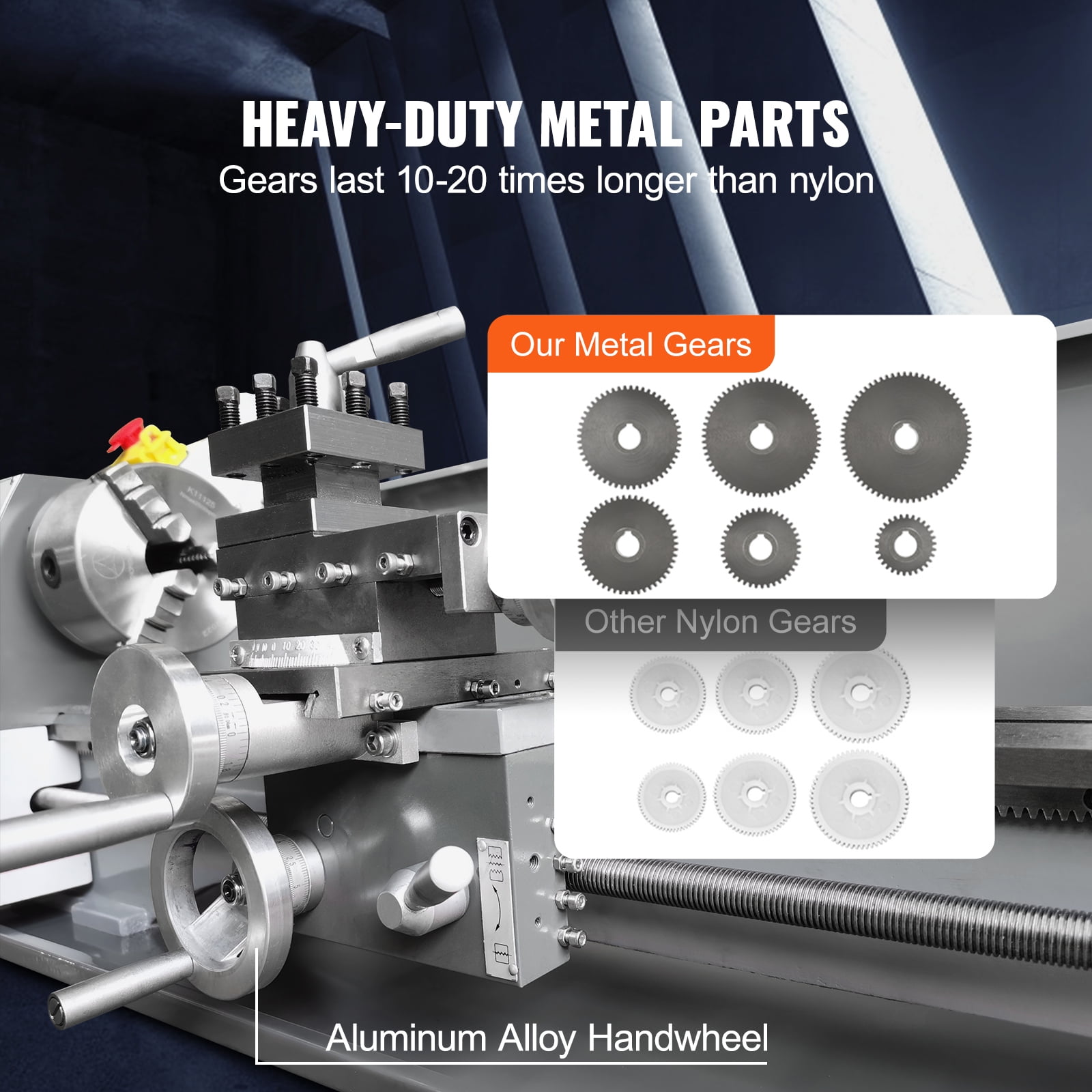 SKYSHALO Benchtop Metal Lathe, 8.3'' x 29.5'', designed for precise metalworking. Features a 0-2500 RPM variable speed, 750W brushless motor, and durable metal gears. Includes a tool box.