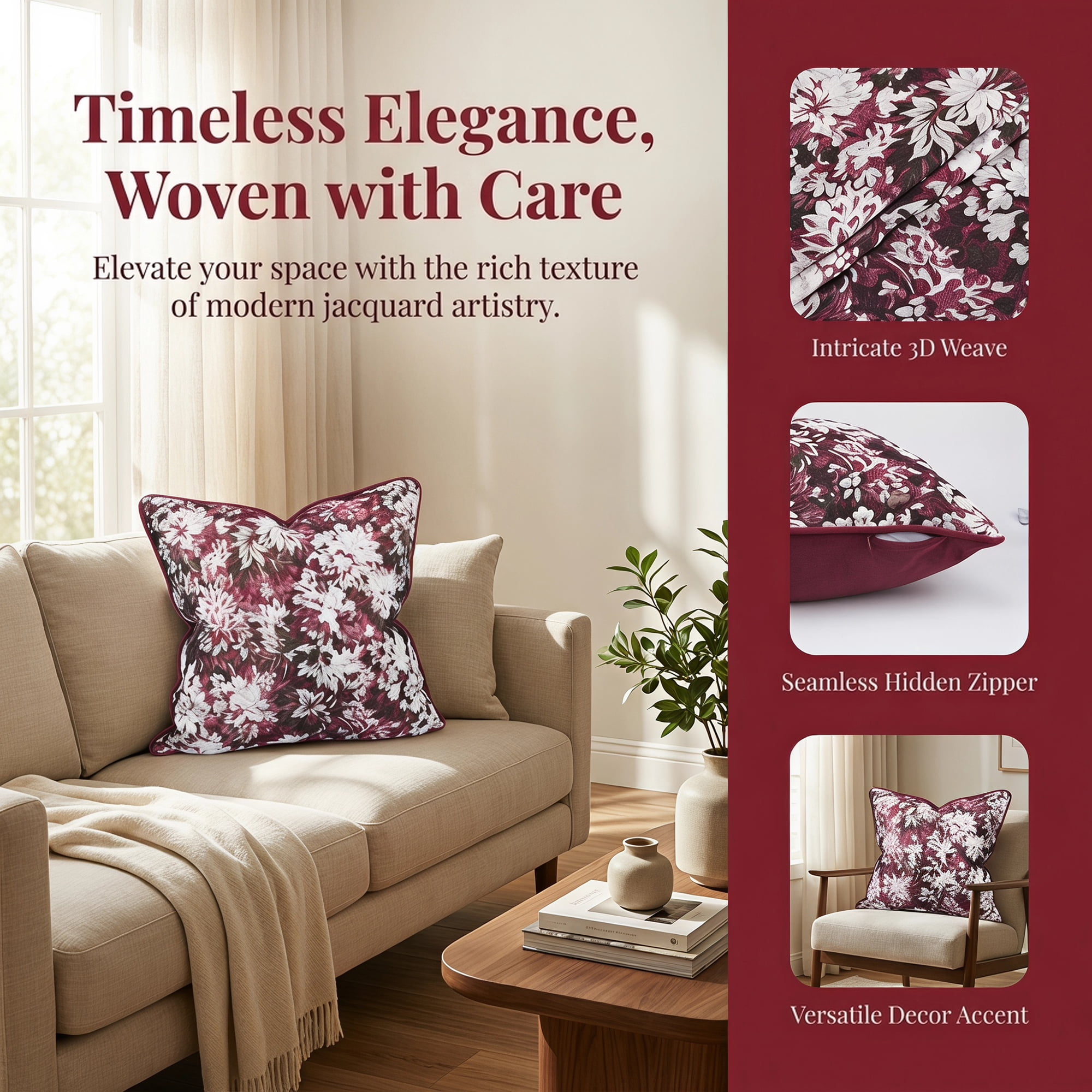 Unique Bargains Floral Throw Pillow Cover with Piped Edge Decor Cushion Case Red 18" x 18"