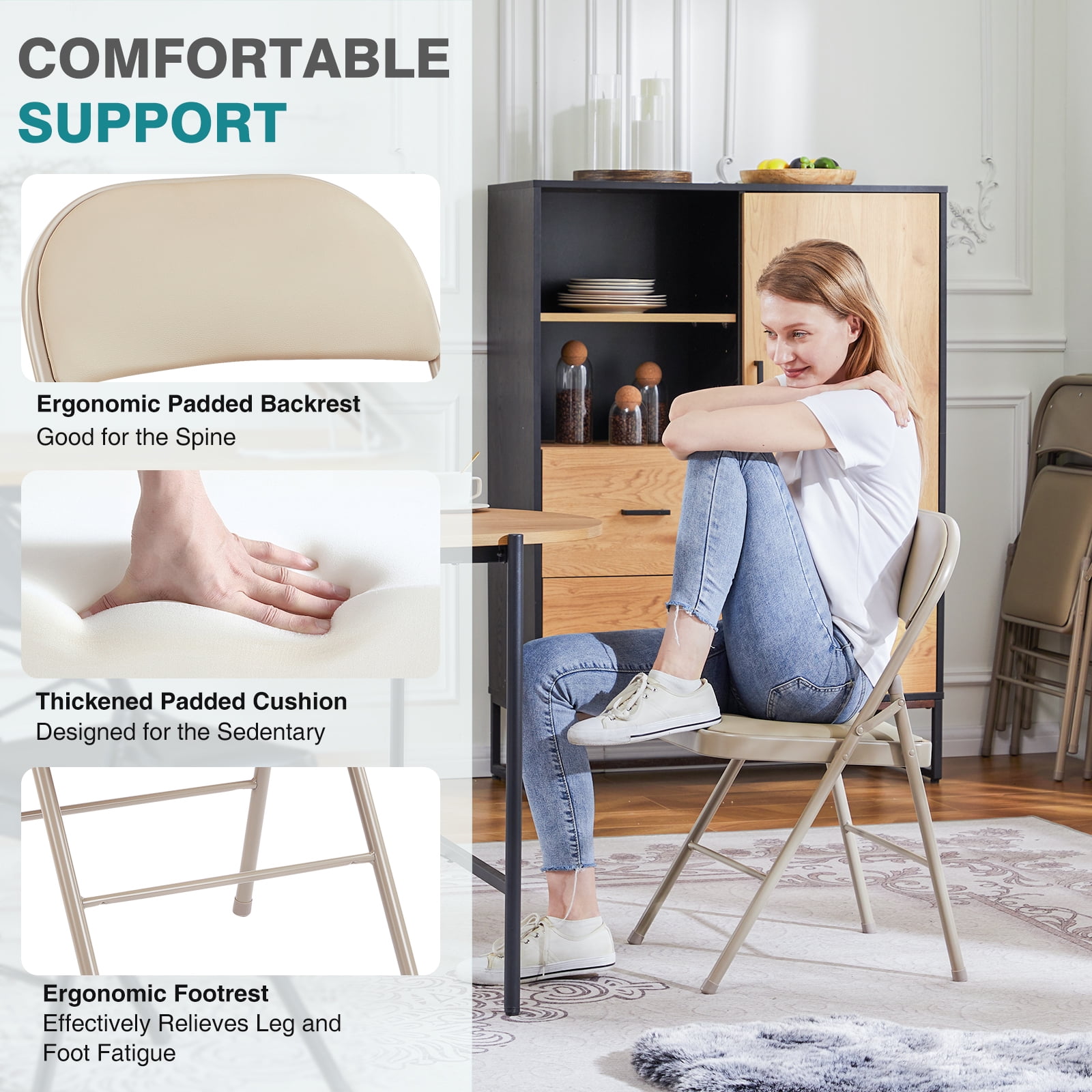 Folding Chair 4-Pack, Leather Padded, Easy Storage & Carry, Indoor Outdoor Use