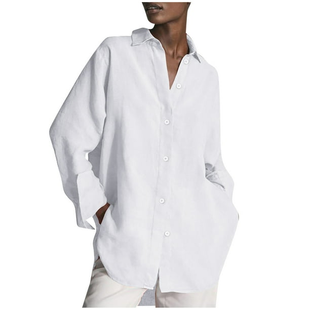 Women Fashion Comfortable Individually Reverse Solid Color Long Sleeve  Polyester Blouse(White,M) 