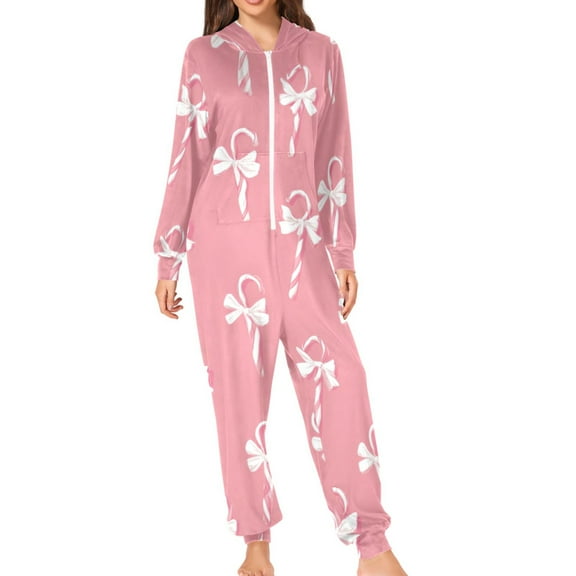 Christmas Pink Candy Cane with Bows Adult's Hoodie Onesie Jumpsuit One-Piece Pajamas with Zipper Unisex for Holiday S
