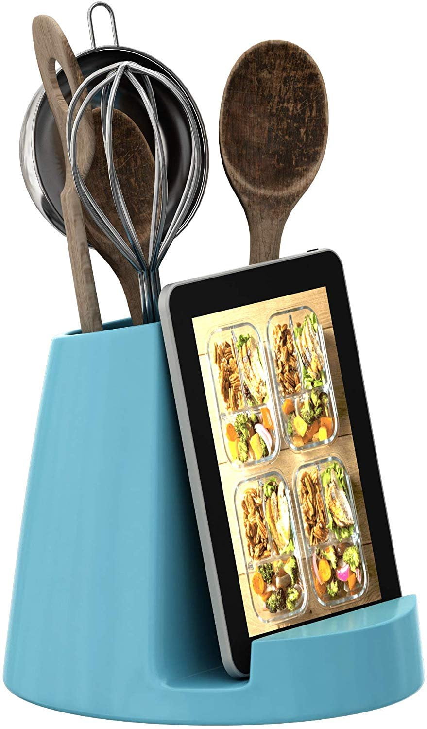 Photo 1 of Ceramic Utensil Holder Tablet Stand - Modern White Crock w/Tablet Holder - Utensil Caddy for Contemporary Cooking Enthuziasts - iPad or Recipe Book Holder - Cookbook Stand