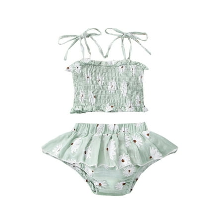 

Baby Girls Summer Outfit Tie-up Shoulder Strap Daisy PrintRuched Tank Top and Culottes Pink Green 18-24 Months