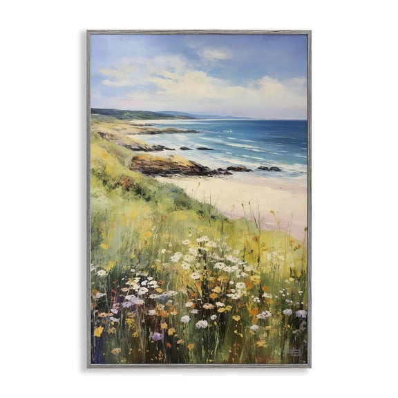 Stupell Industries Meadow Beside Beach Landscape Painting Gray Framed Art Print Wall Art, 12 x 18
