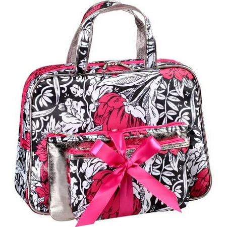 Modella Weekender Set Cosmetics Bag, Black and White with Pink Flowers Print, 3 Piece