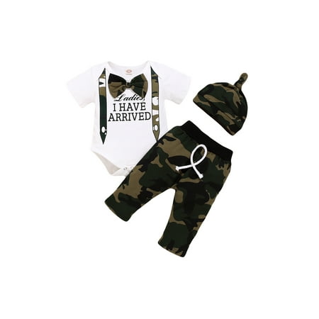 

Fiomva 3Pcs Newborn Baby Boy Romper Tops +Long Pants Camo Hat Outfits Clothes 0-18M Set