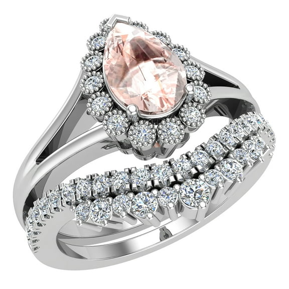 Morganite Engagement Ring - Wedding Ring Set for Women 18K White Gold 8 mm Pear Shape (G,SI)