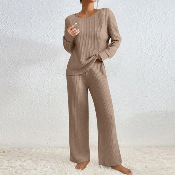 2 Piece Sweater Outfits for Women Ribber Knit Long Sleeve Pullover Top and Wide Leg Pants Loungewear Matching Set Fall Winter Home Clothes Khaki M