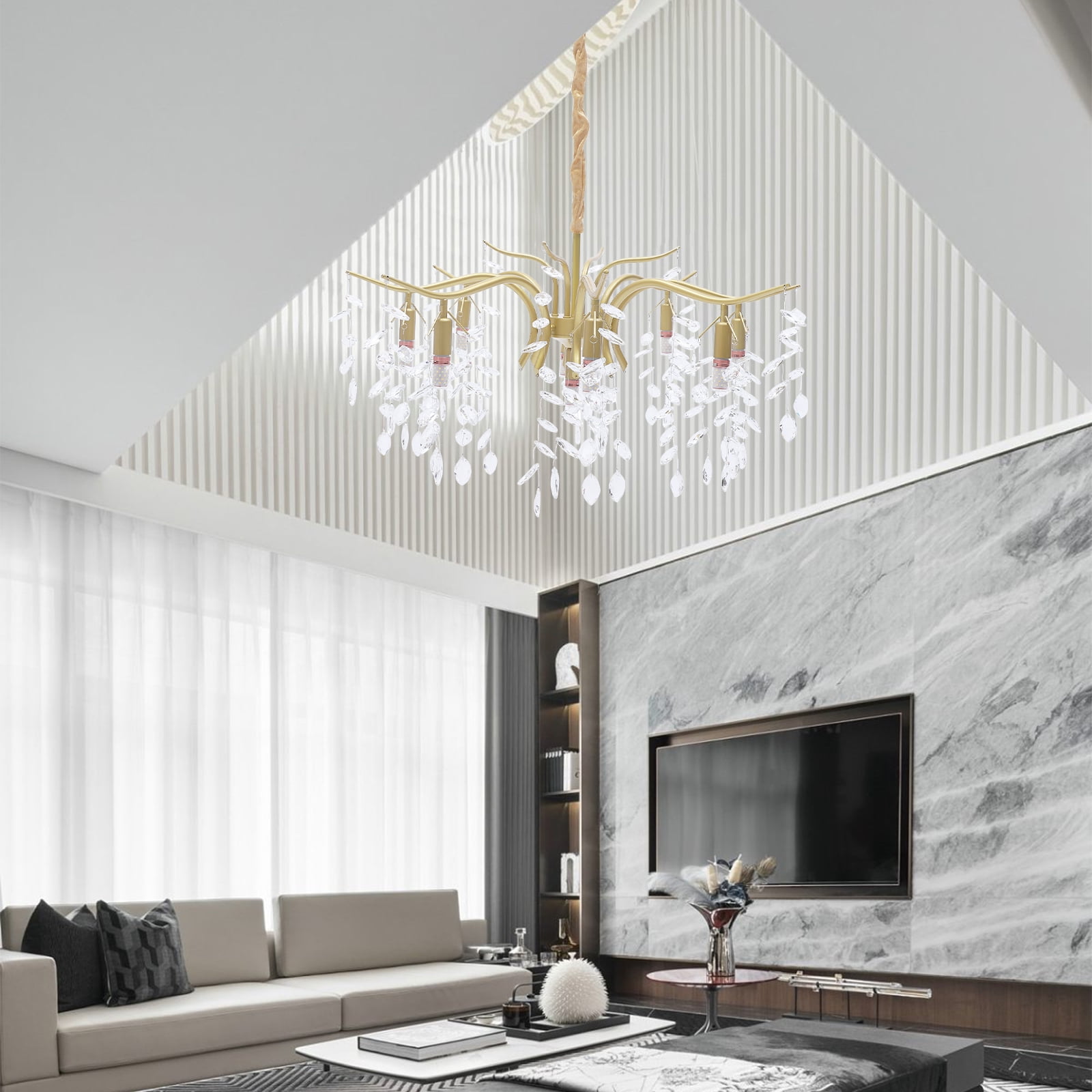 ANQIDI 35.43" Modern Crystal Chandelier Gold Dimmable Pendant Light 8+1 Heads Leaf Shape Hanging Lamp AC110-220V