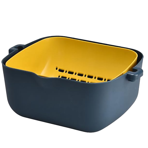 Cesta de plástico para verduras de doble capa, escurridor de frutas y verduras, cesta para almacenar frutas en la cocina (azul y amarillo)