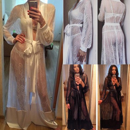 

Women Sexy Lingerie Lace Floral Sheer Robe Dress Long Sleeve Nightwear Gown