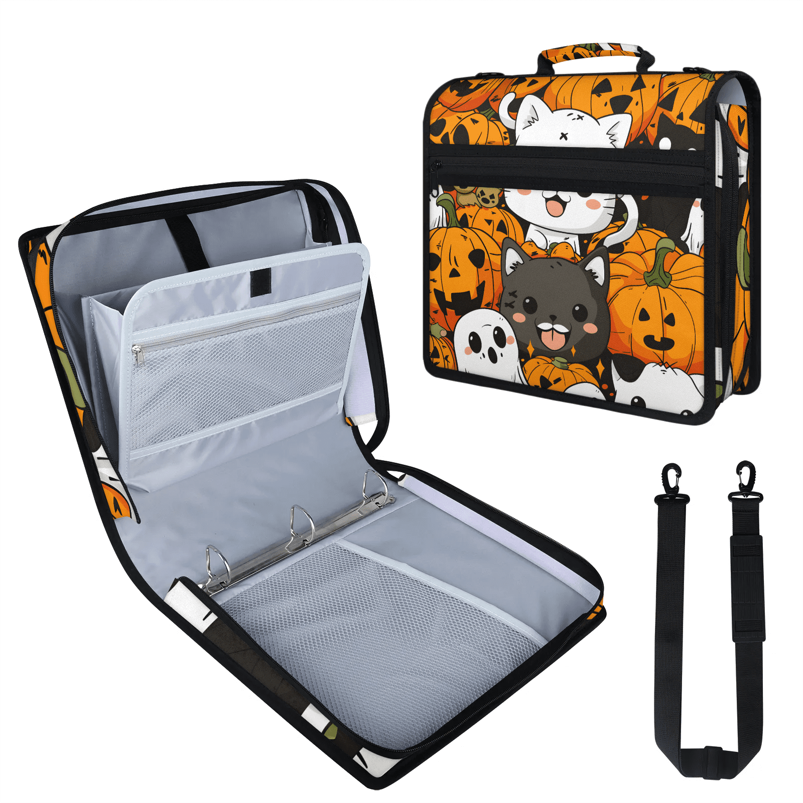 Herdesigns Halloween Pumpkin Zipper Binder 1.5 Inch 3 D-Rings with Shoulder Strap & Handle, Waterproof Cute Cat Binder Organizer Bag for 13 Inch Laptop