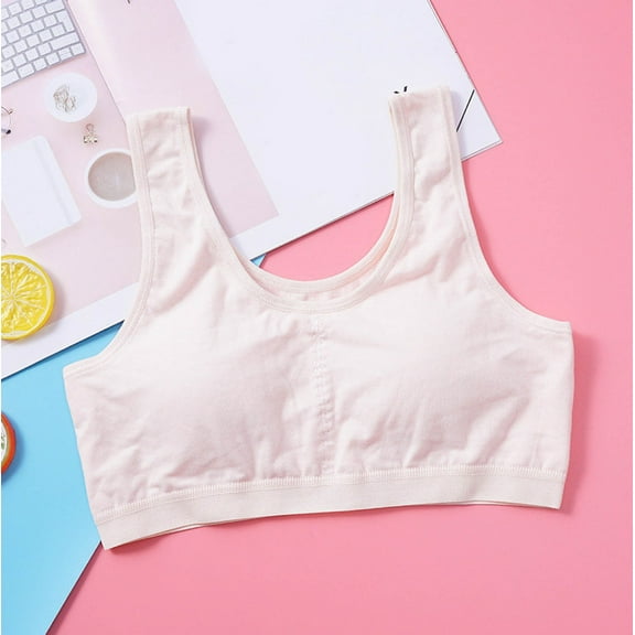 Girl's Cotton Bra Soft Wireless Developmental Student Underwear Tops with Chest Padded Children's Cropped Tank Bras Sports Bra Padded Beige L