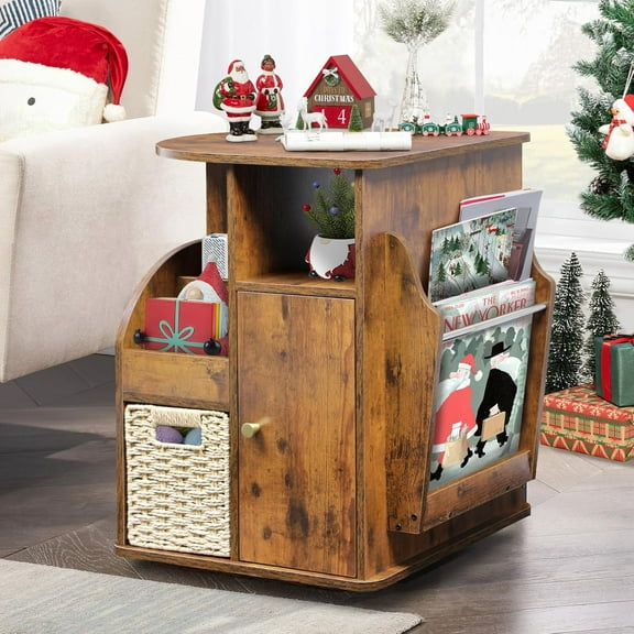 TooCust Rotating End Table with Storage, Rotating Side Table Living Room, Side Table with Magazine Holder, Basket and Cabinet, Sofa Side Farmhouse End Tables with Open Shelf (Rustic Brown)
