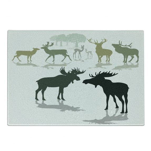 Antlers Cutting Board, Elk Deer and Fawn Silhouette Forest at the Background World Natural Habitat Theme, Decorative Tempered Glass Cutting and Serving Board, Small Size, Green Black, by Ambesonne
