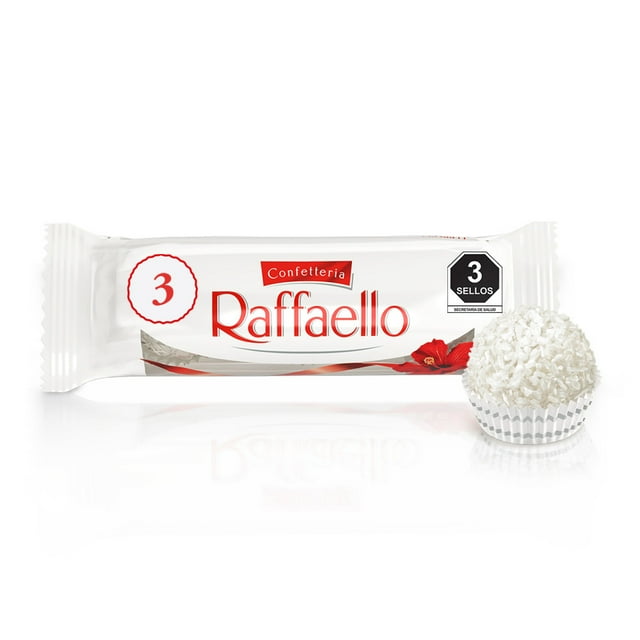 Galleta cubierta de coco Ferrero Raffaello confetteria relleno cremoso y almendra entera 3 pzas de 10 g c/u