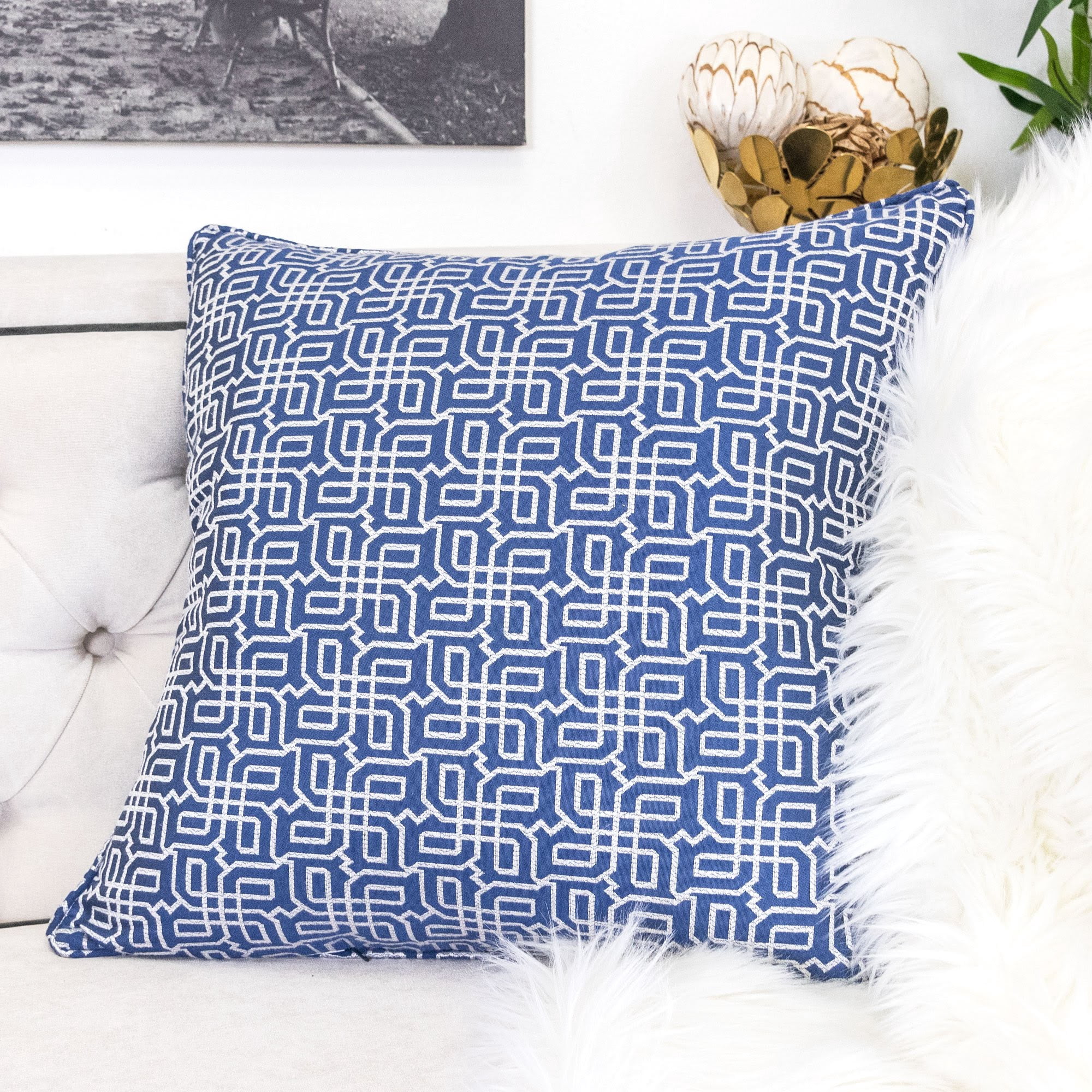 Seana Navy Geometric Polyester 20 in. x 20 in. Throw Pillow (Set of 2)