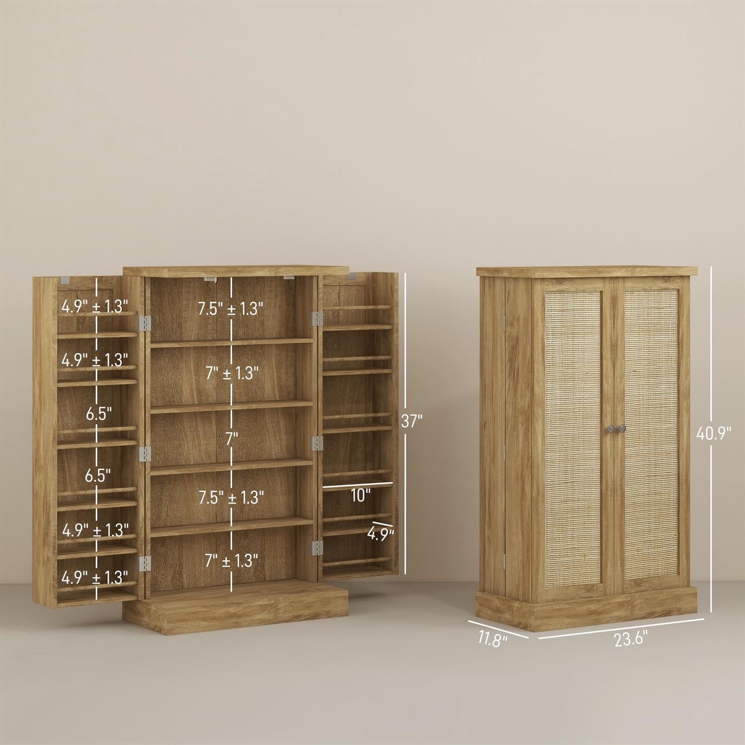 Demi Bonn 41" Rattan Kitchen Storage Cabinet with 12 Spice Racks, Adjustable Shelves, Natural Wood Look for Home & Kitchen, Brown