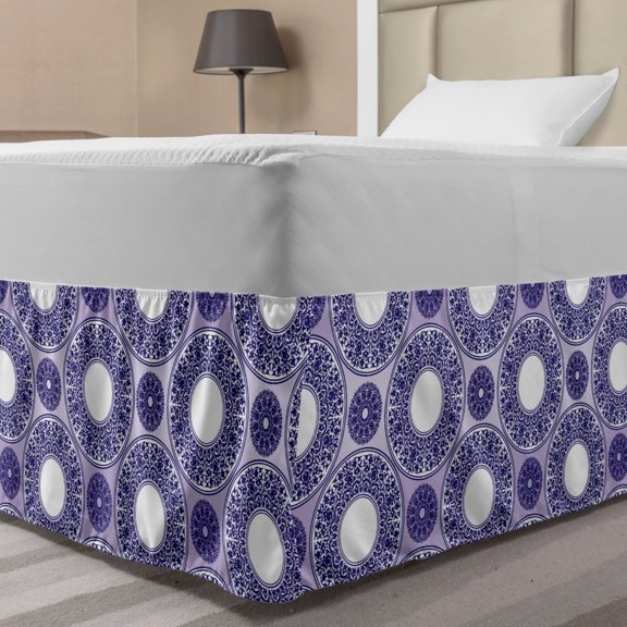 Oriental Bed Skirt, Monochrome Layout of Floral Round Compositions in Violet Tones, Elastic Bedskirt Dust Ruffle Wrap Around for Bedding Decor, 4 Sizes, Lavender Indigo, by Ambesonne