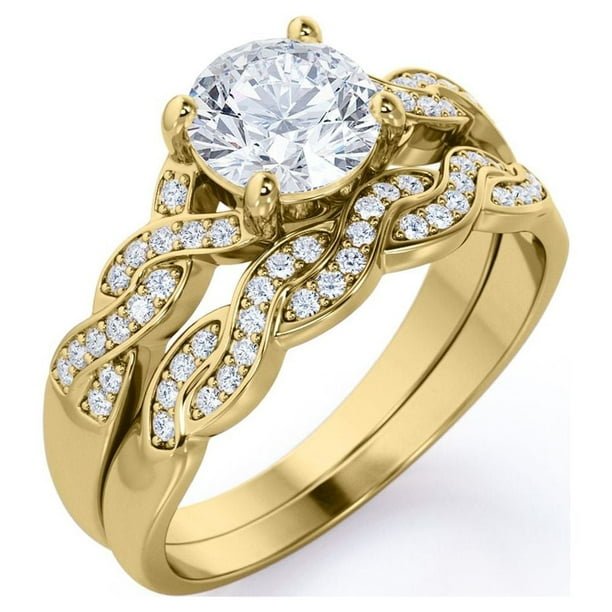 JeenMata Conjunto Nupcial de Moissanita de Corte Redondo de 1,25 Quilates - Conjunto Nupcial - Anillo Infinito - Anillo para Siempre - Anillo de Promesa - Oro Amarillo de 18 K sobre Plata