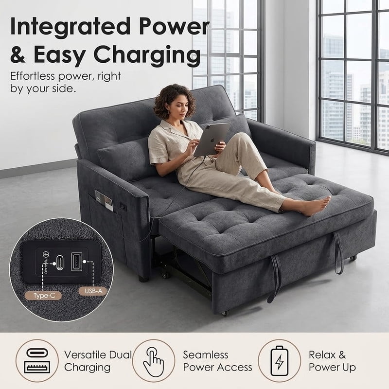 3-in-1 Convertible Sofa Bed with USB Charging Ports, Pull-Out Sleeper Sofa with Adjustable Backrest and Side Pocket, Compact Loveseat Couch for Living Room, Apartment, Dorm