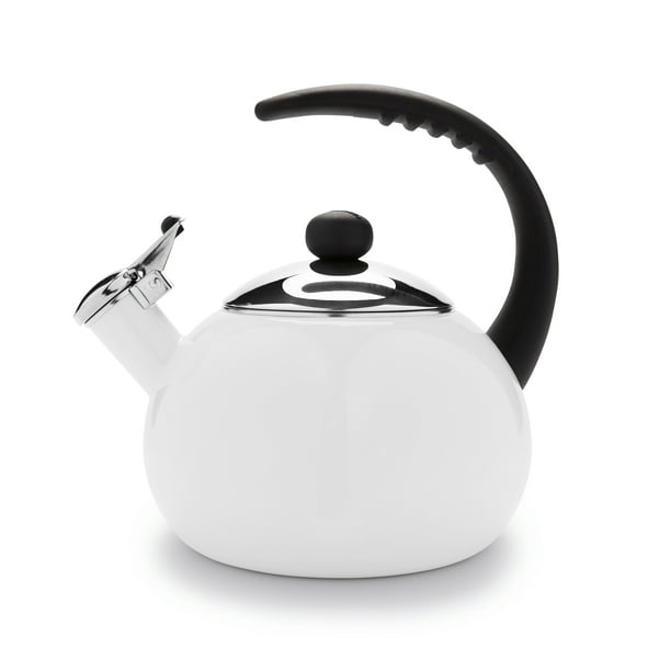 white tea kettle with wooden handle