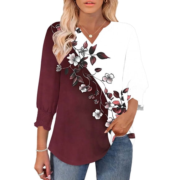 RXMEKW Printed 3/4 Sleeve Blouse for Women with Smocked Cuffs, Polyester Casual Top, Regular Length