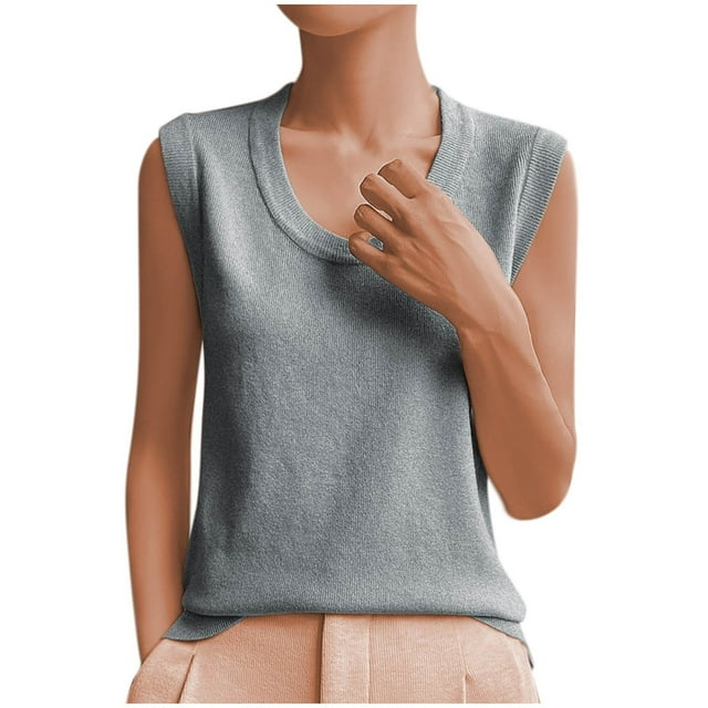 Plebaso Ribbed Tank Tops for Women Crew Neck Sleeveless Knit Shirts Solid Color Loose Summer Casual Tops