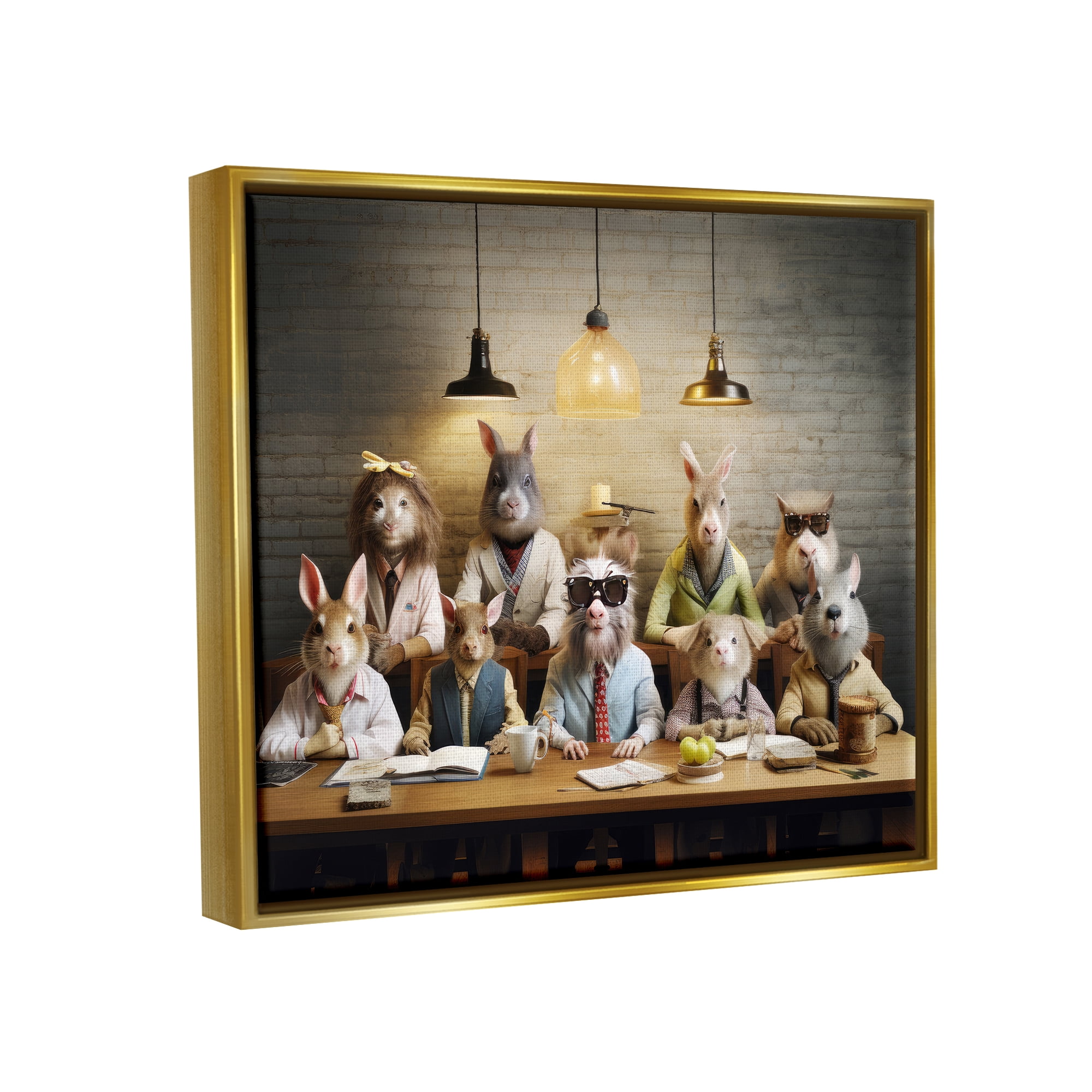 Stupell Industries Wild Animals at Table Animals & Insects Painting Gold Floater Framed Canvas Art Print Wall Art, 21 x 17