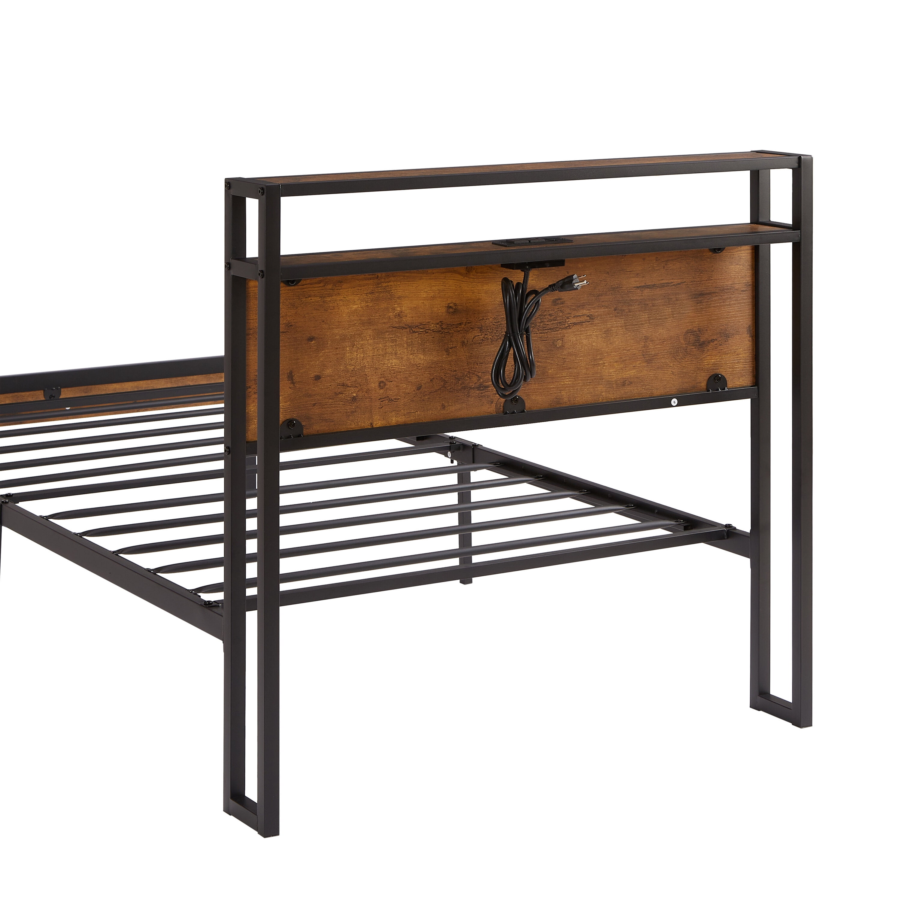 Twin Size Adjustable Bed Base, Twin Size Metal Platform Bed Frame with Wooden Headboard and Footboard with USB LINER, No Box Spring Needed, Under Bed Storage, Easy Assemble, Black+Brown Bed Frames