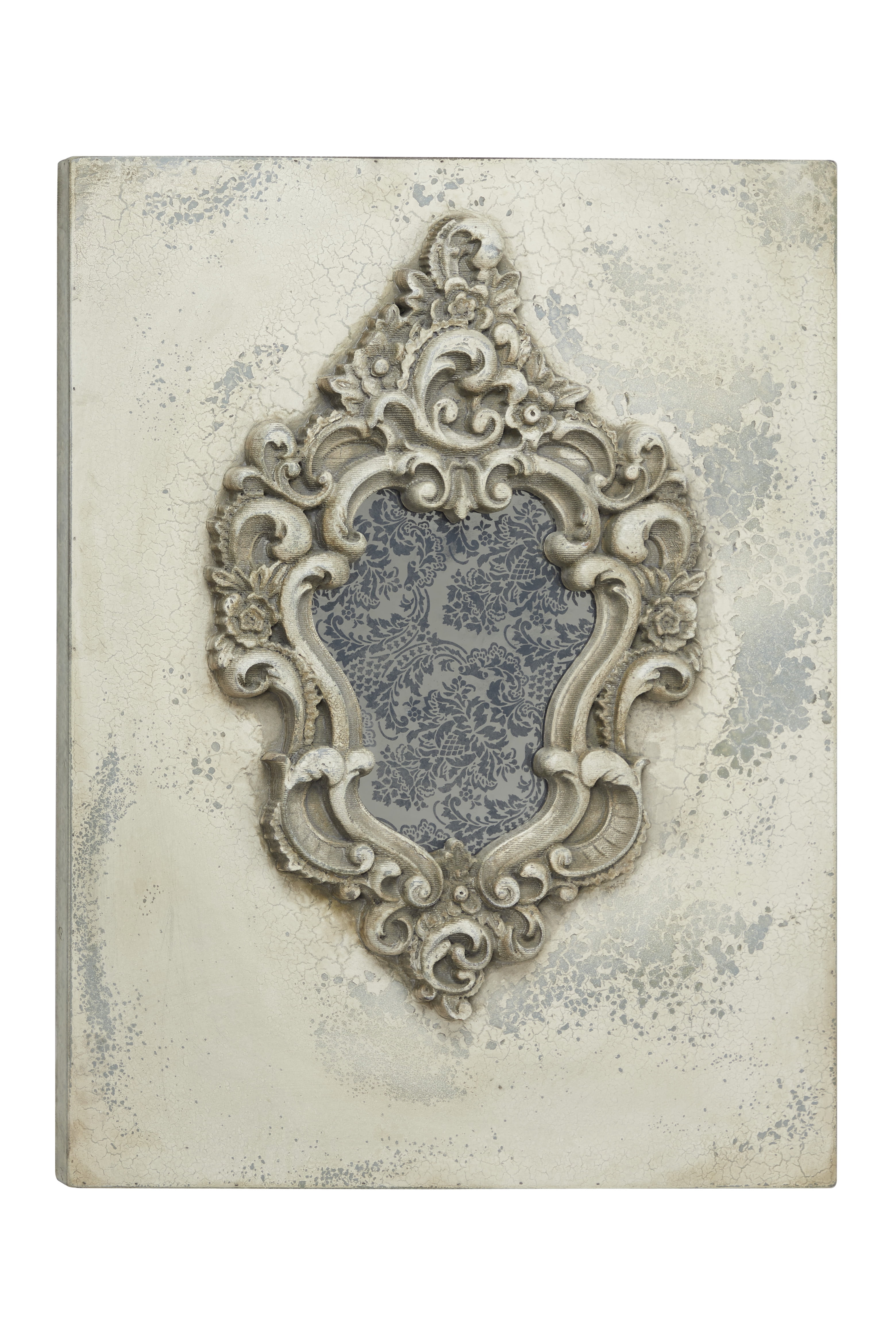 DecMode Large Gray and Beige Antique Frame with Damask Print Wooden Wall Plaque, 23.5” x 31.5”