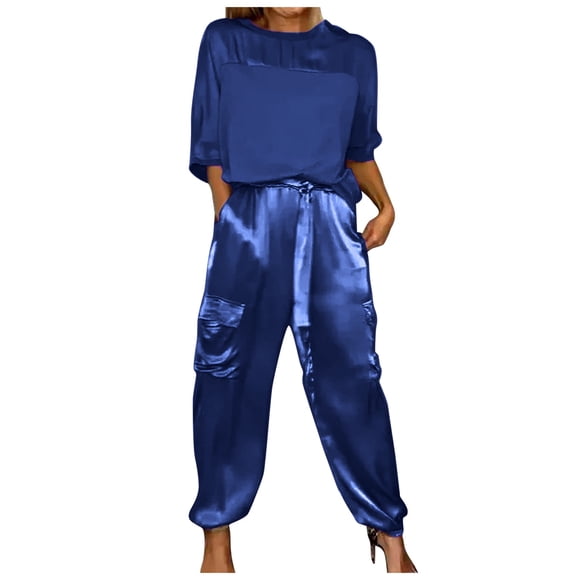 2DXuixsh Women Smooth Satin Half Sleeve Top Pants Set Women Casual Summer Satin Pajama Set 2 Piece Suit Sets for Women Blue Size L