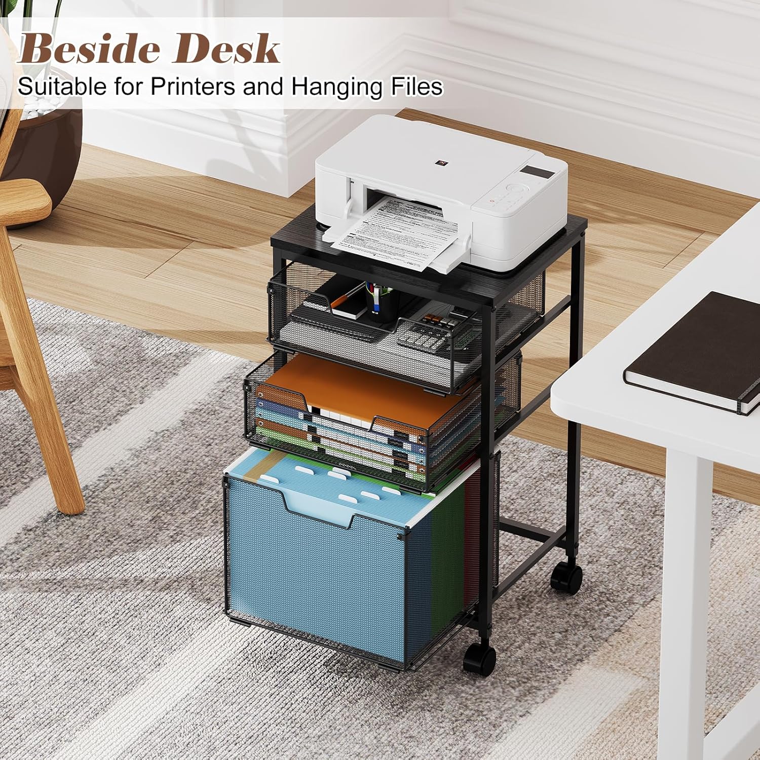 Rolling File Cart with 3 Drawers, Mobile Filing Cabinet for Home Office, Under Desk Storage Organizer with Wheels, Hanging Folder Holder Utility Cart Printer Stand, Black