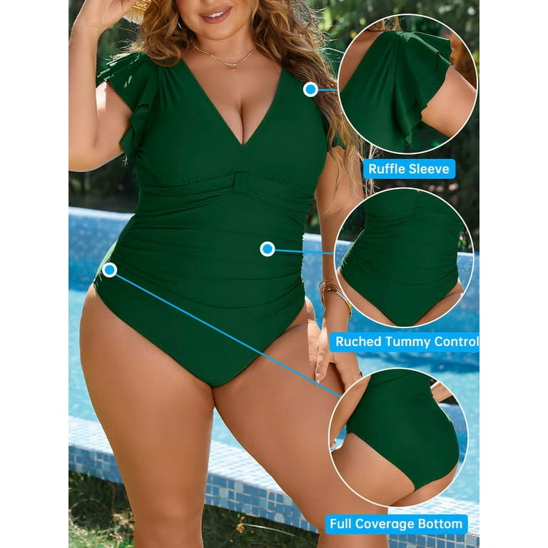 Inadays Plus Size One Piece Bathing Suit for Women Sexy Tummy Control  Swimsuit Flutter Sleeve Swimwear Full Coverage Retro Ruffle Monikini,  Green, L 