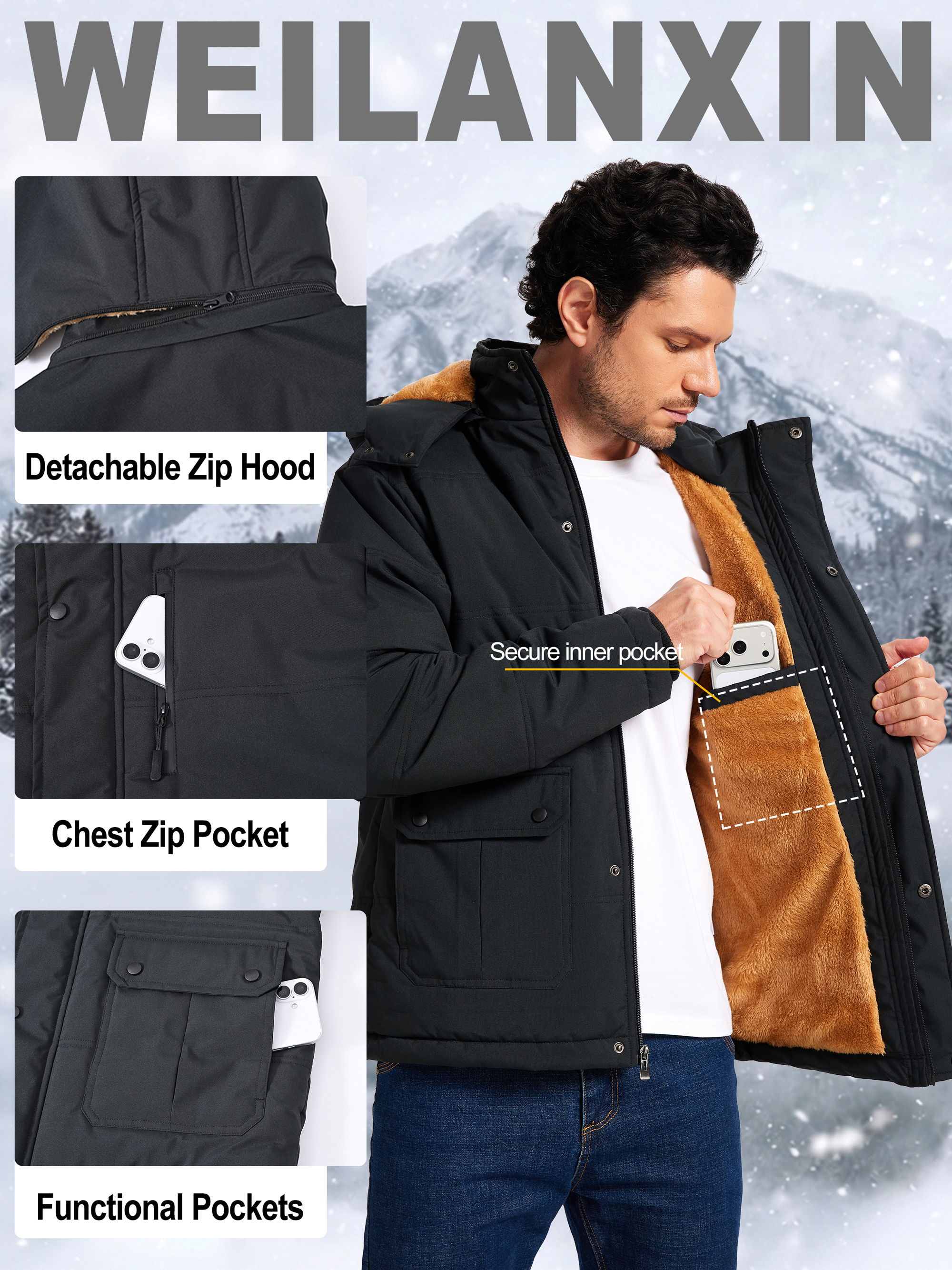 Weilanxin Men's Winter Parka with Fleece Lining and Hood photo 4