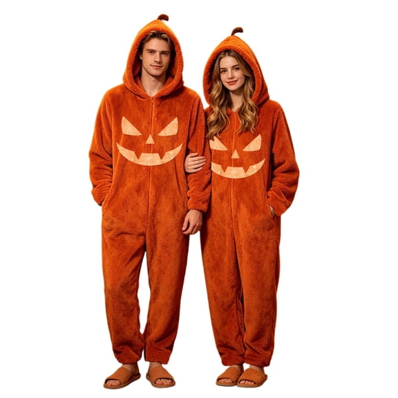 XINPING Cozy Hooded Halloween Pumpkin Jumpsuit for Adults With Pocket Feature Festive Party Bodysuit