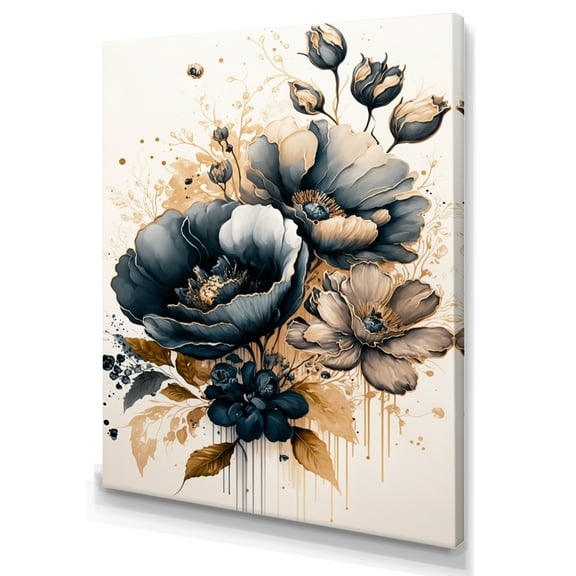 Designart Navy Blue And Gold Poppy Flowers III Canvas Wall Art
