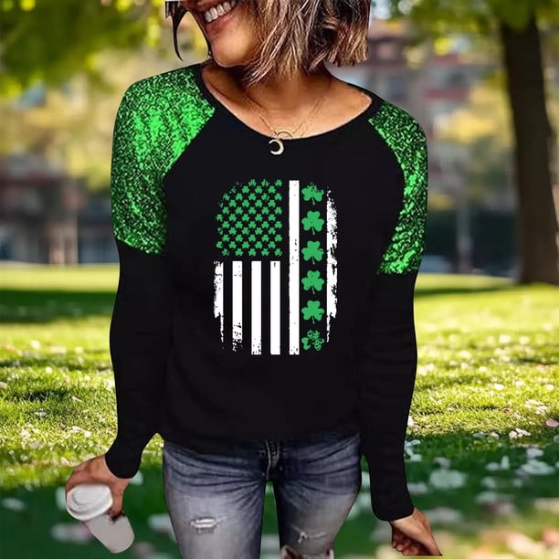 RKSTN Women's St Patrick's Day T Shirts Top Oversized Crewneck Glitter Luckys Irish Shamrocks Paddy's Day Graphic Print Long Sleeve Shirt Womens Casual Plus Size Round Neck Loose Fits Comfy Tees