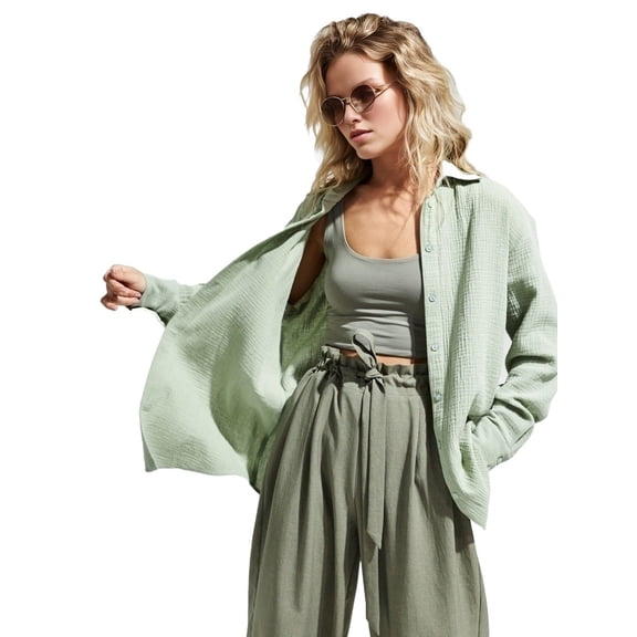 Womens Button Down Shirts Long Sleeve Cotton Casual Collared Blouses Loose Fit Light Green S