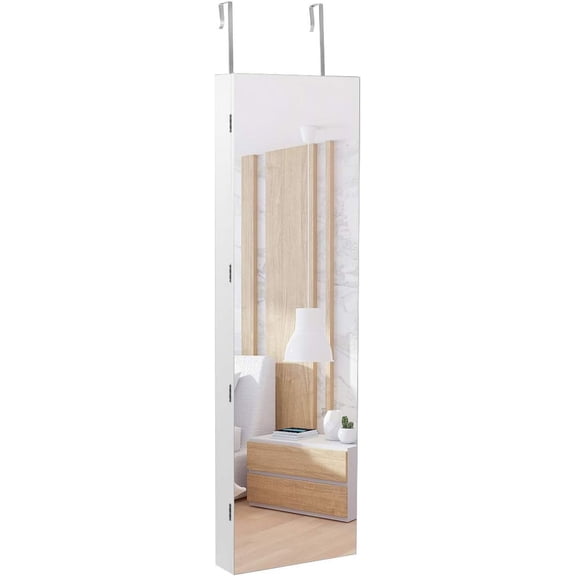Jewelry Armoire Wall Door Mounted, Full Screen Jewelry Cabinet for Bedroom, Lockable Jewelry Cabinet with LED Lights and Frameless Mirror, 1 Scarf Rod, 36 Hooks, 1 Makeup Pouch (White)