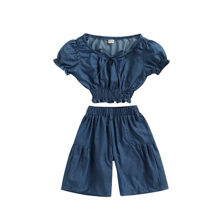

Bagilaanoe 2pcs Toddler Baby Girl Long Pants Set Short Sleeve Bandage Tops + High Waist Loose 3/4 Trousers 1T 2T 3T 4T 5T 6T Kids Casual Outfits