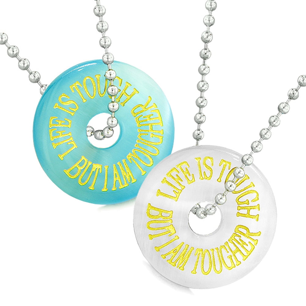 Amulets Life is Tough But I am Tougher Best Friends Love Couples Blue White Simulated Cats Eye Necklaces