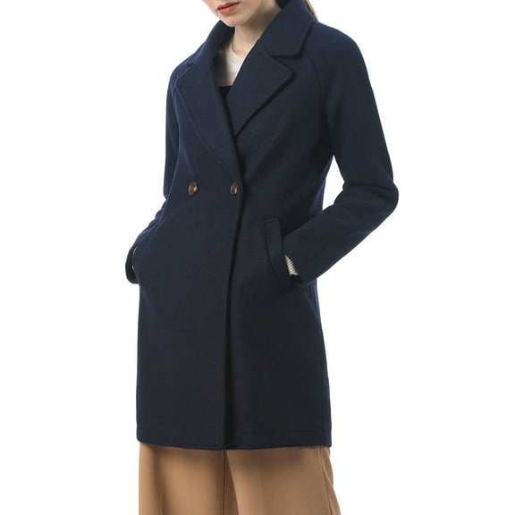 Allegra K Women's Double Breasted Lapel Raglan Long Sleeve Mid Length Overcoat M Blue