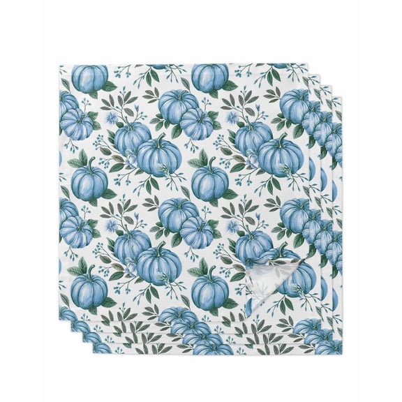 Blue Pumpkin Cloth Napkins Set of 4 Reusable Dinner Napkins, Thanksgiving Autumn Fall Leaf Flower Cocktail Napkin Washable Table Napkins for Wedding/Holiday Party/Baby Shower 20"x20"