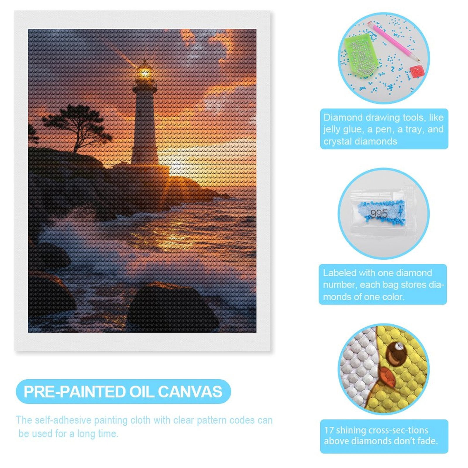 Diamond Art Kits for Adults, Sunset Ocean Waves Lighthouse 5D Diamond Painting Kits for Adults Beginners, DIY Full Drill Diamond Painting, Gem Art and Crafts 12x16