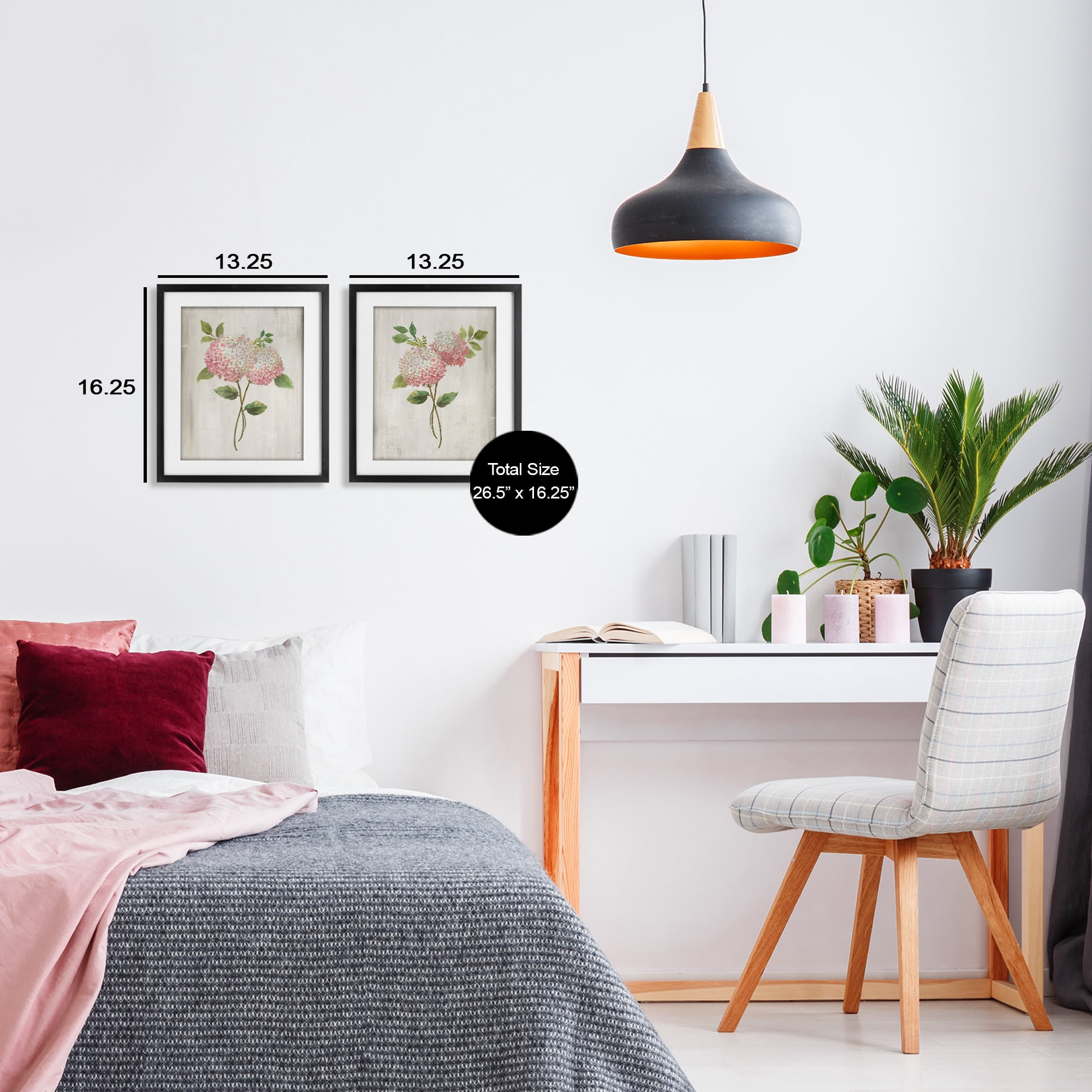 Stupell Industries Vintage Pink Hydrangea Pairs 2 Piece Black Framed Print Under Glass Set, design by Nan