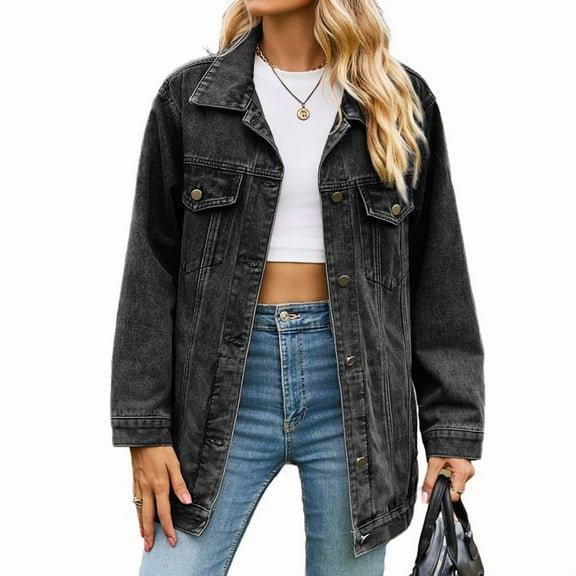 Jean Jackets for Women Trendy Button Down Denim Trucker Jackets Long Sleeves Frayed Hem Shacket Jacket Black Grey S